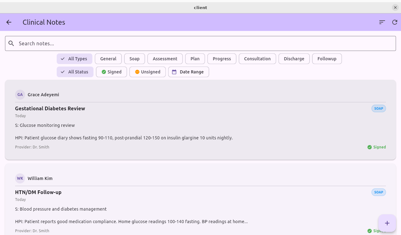 LuminaEHR Clinical Notes - filterable notes with type and status chips