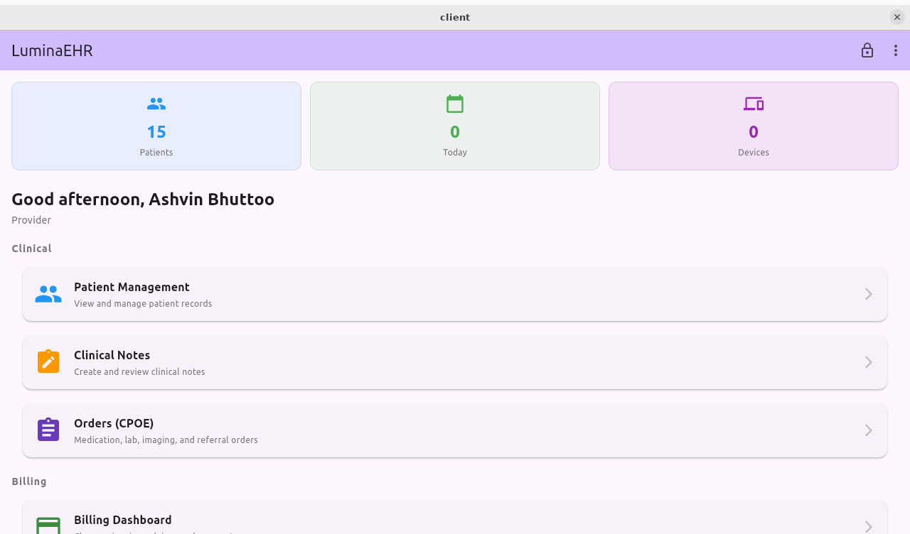 LuminaEHR Dashboard - patient stats, clinical navigation, and practice overview