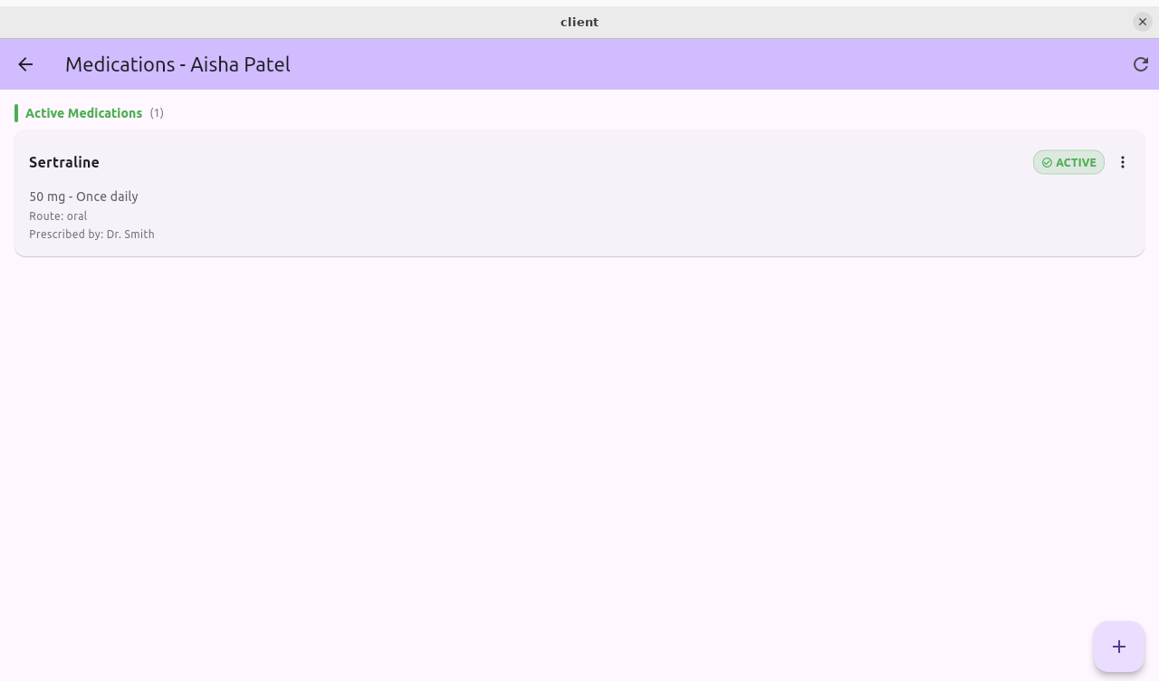 LuminaEHR Medications - active medication list with dosage and route