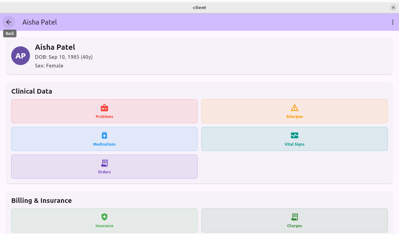 LuminaEHR Patient Chart - clinical data and billing sections